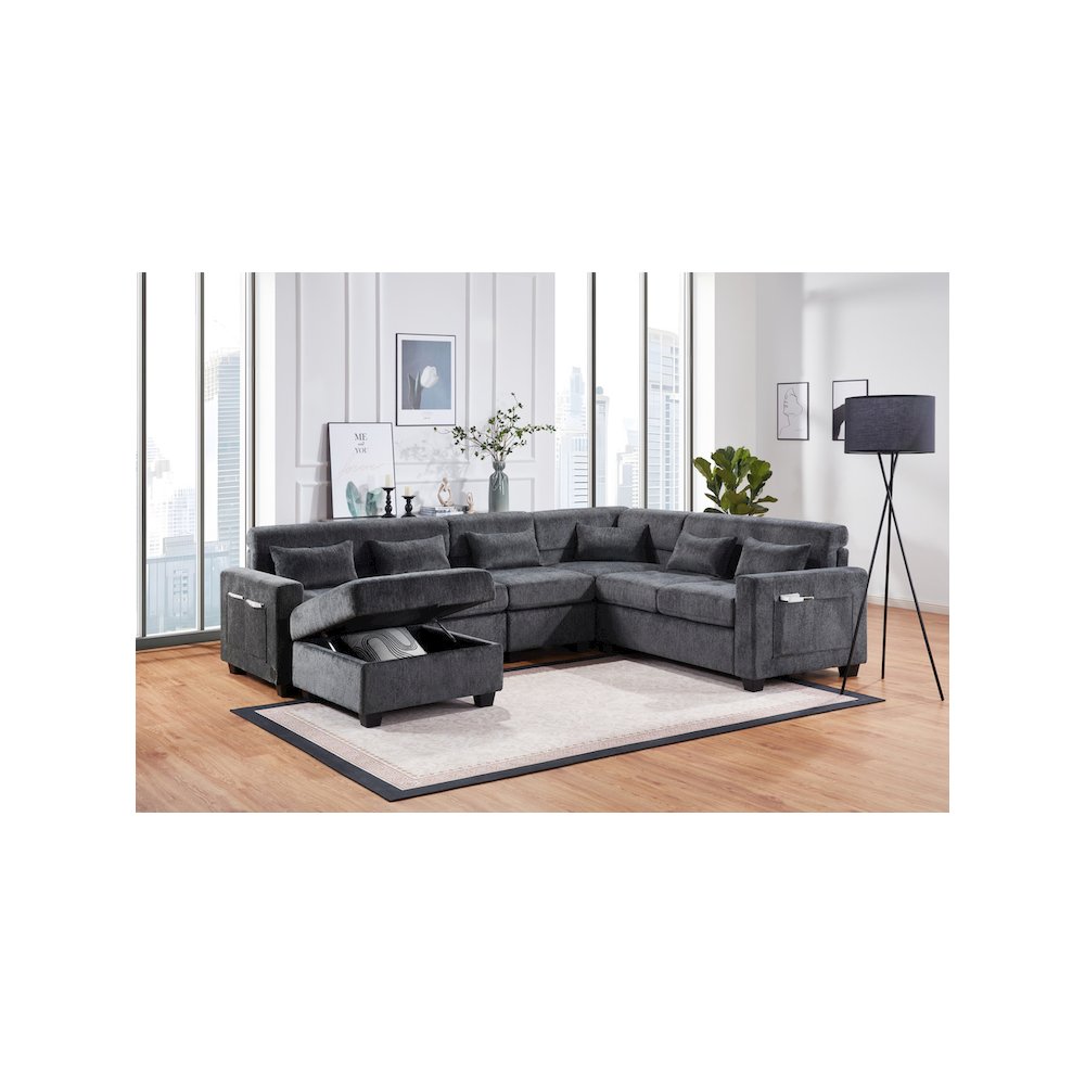 Trey 115"W Gray Chenille Sectional Sofa with Adjustable Backrest. Picture 3