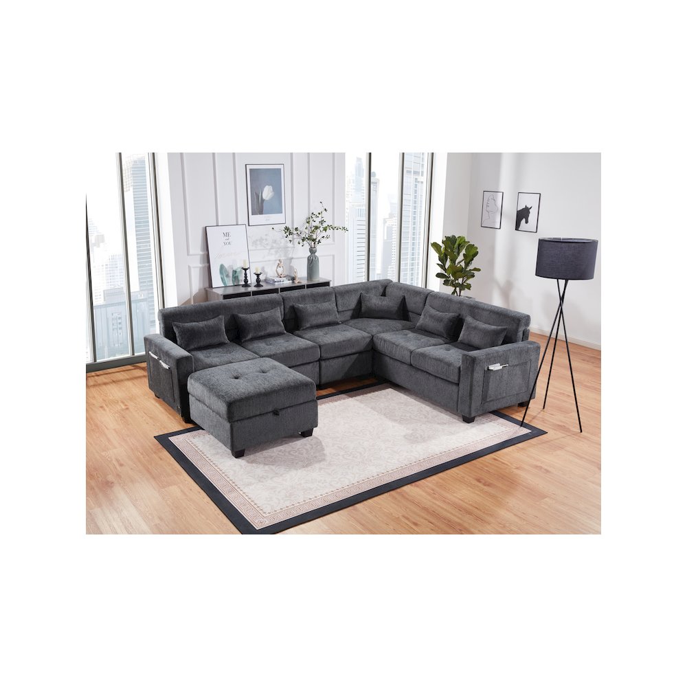 Trey 115"W Gray Chenille Sectional Sofa with Adjustable Backrest. Picture 5