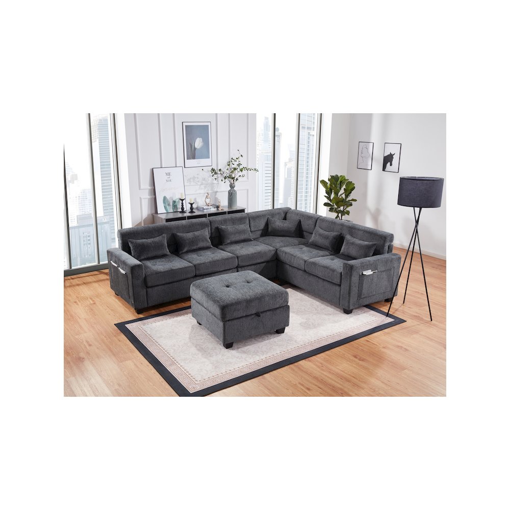 Trey 115"W Gray Chenille Sectional Sofa with Adjustable Backrest. Picture 6