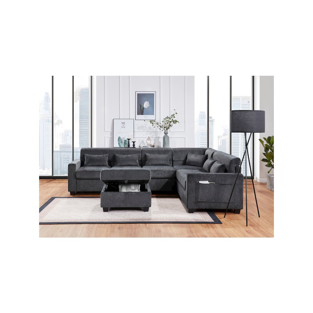 Trey 115"W Gray Chenille Sectional Sofa with Adjustable Backrest. Picture 8