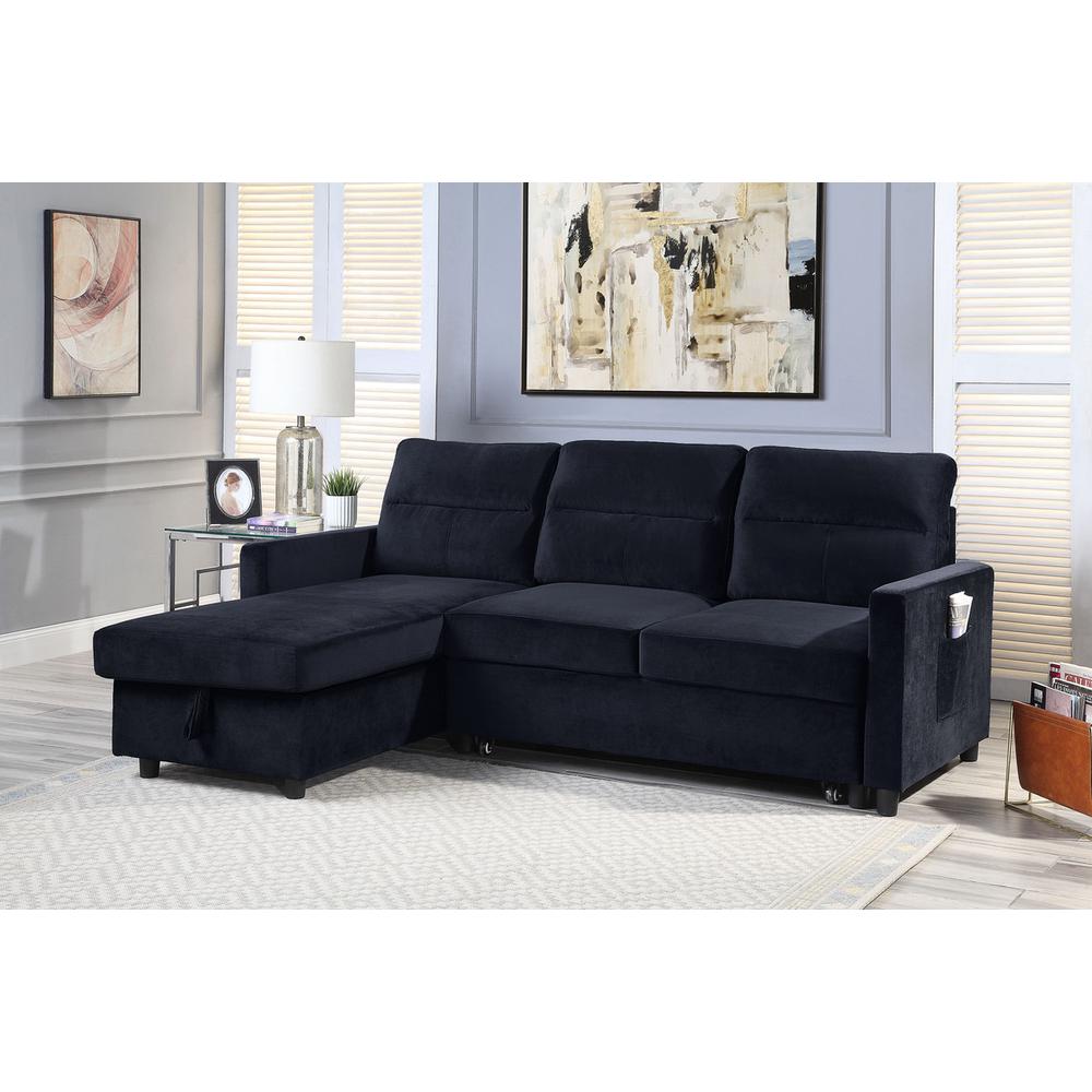 Ivy Black Velvet Reversible Sleeper Sectional Sofa with Storage Chaise and Side Pocket. Picture 5