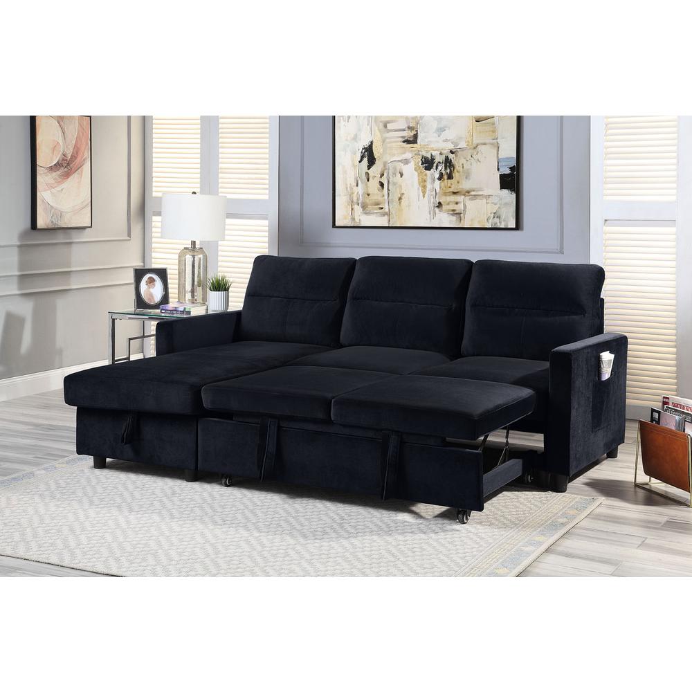 Ivy Black Velvet Reversible Sleeper Sectional Sofa with Storage Chaise and Side Pocket. Picture 6