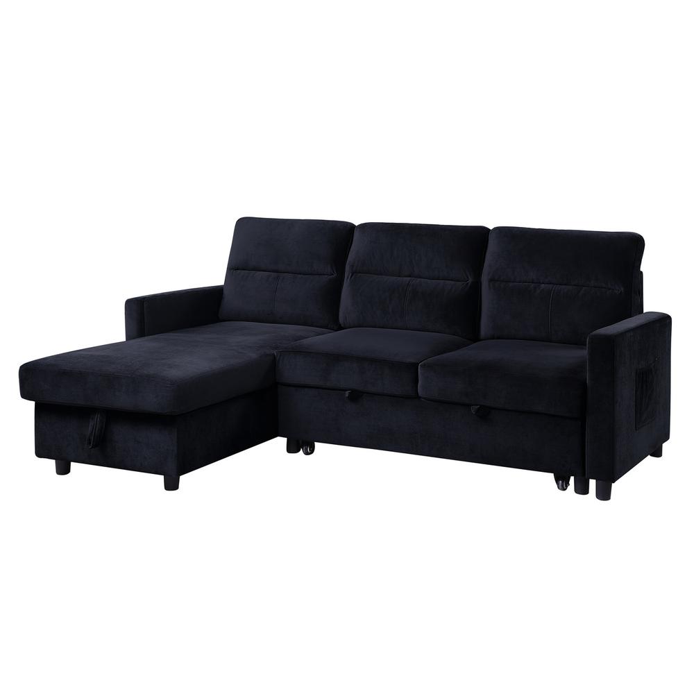 Ivy Black Velvet Reversible Sleeper Sectional Sofa with Storage Chaise and Side Pocket. Picture 2