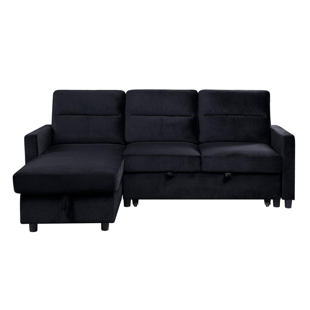 Ivy Black Velvet Reversible Sleeper Sectional Sofa with Storage Chaise and Side Pocket. Picture 1