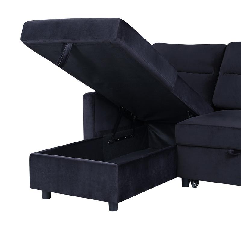 Ivy Black Velvet Reversible Sleeper Sectional Sofa with Storage Chaise and Side Pocket. Picture 3