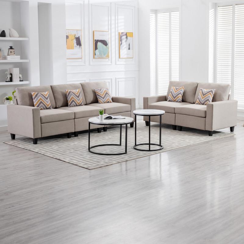 Nolan Beige Linen Fabric Sofa and Loveseat Living Room Set with Pillows and Interchangeable Legs. Picture 3