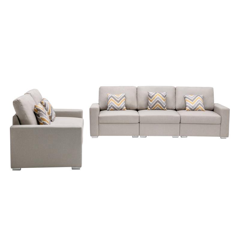 Nolan Beige Linen Fabric Sofa and Loveseat Living Room Set with Pillows and Interchangeable Legs. Picture 2