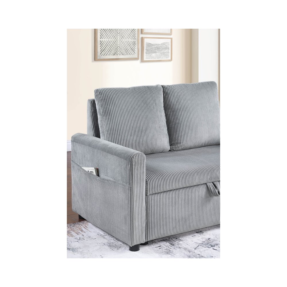 70"W Gray Corduroy Sofa with Pull-Out Chaise, Underseat Storage, Side Pocket. Picture 6