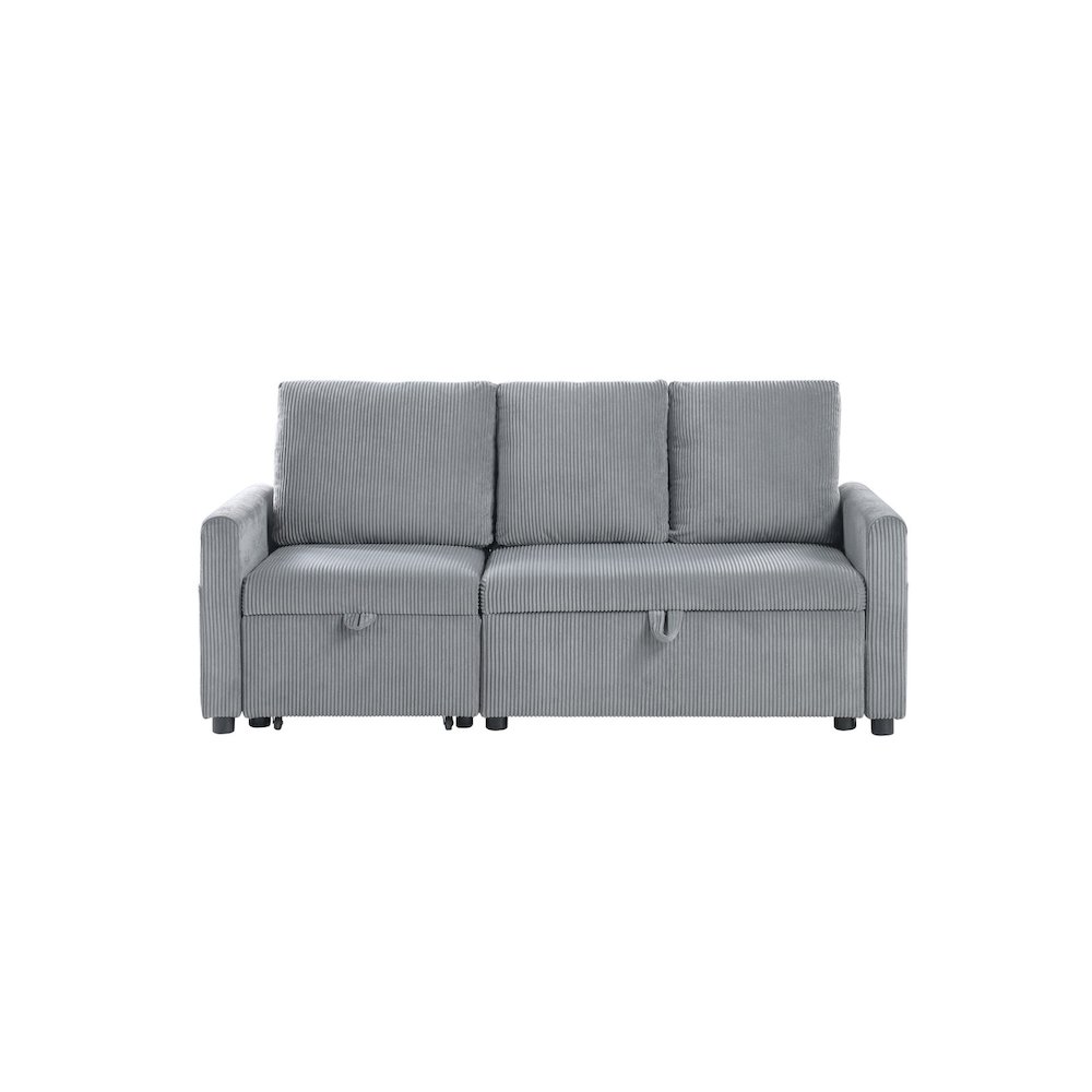 70"W Gray Corduroy Sofa with Pull-Out Chaise, Underseat Storage, Side Pocket. Picture 7