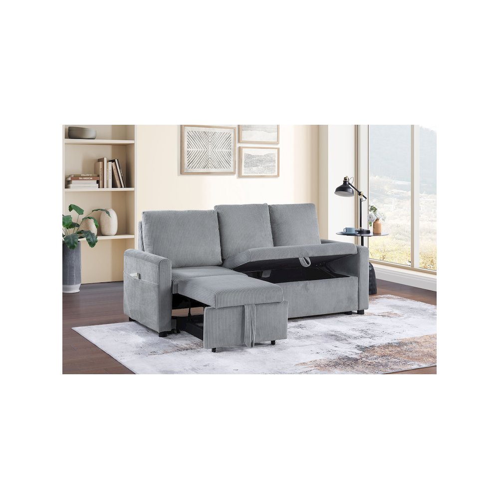 70"W Gray Corduroy Sofa with Pull-Out Chaise, Underseat Storage, Side Pocket. Picture 4