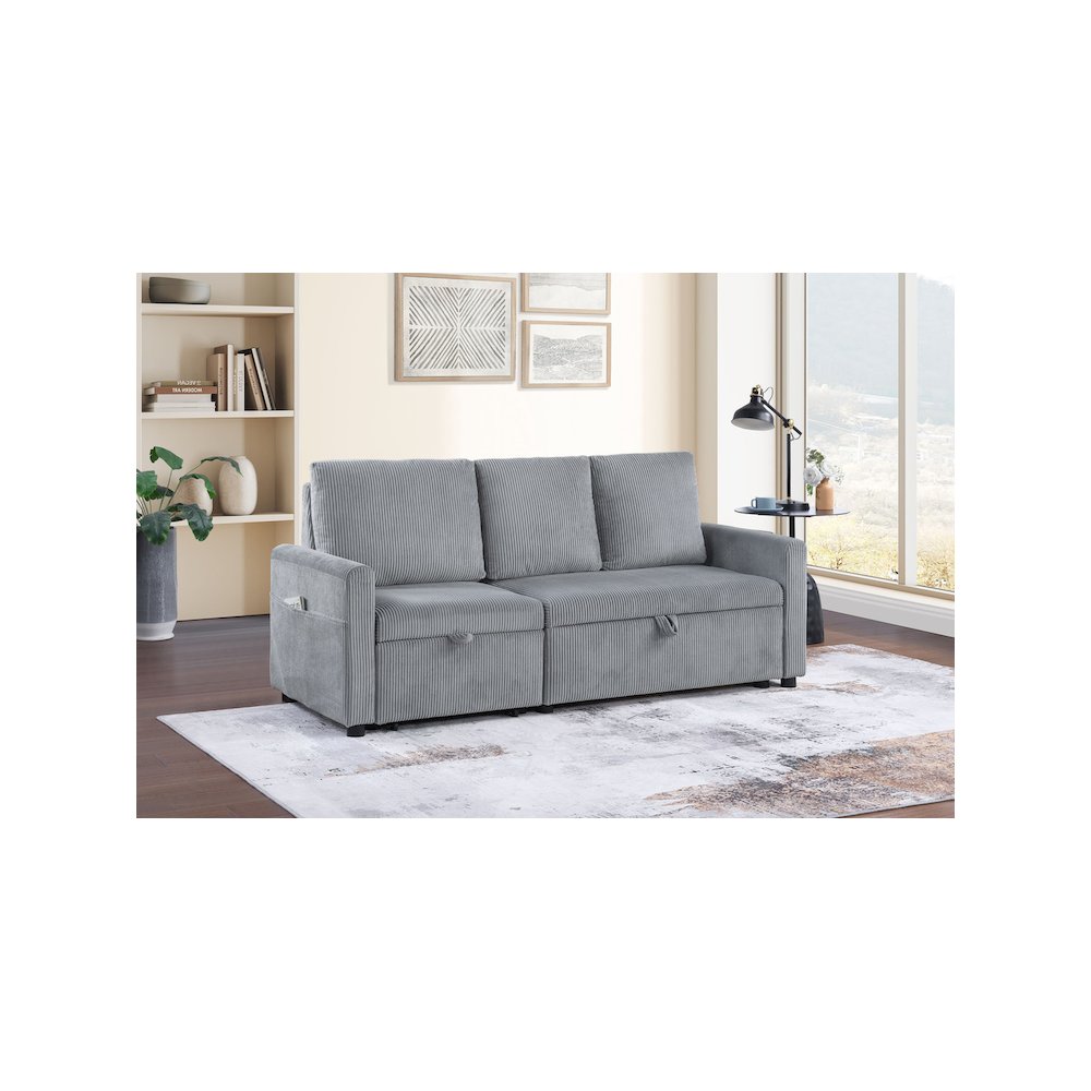 70"W Gray Corduroy Sofa with Pull-Out Chaise, Underseat Storage, Side Pocket. Picture 2