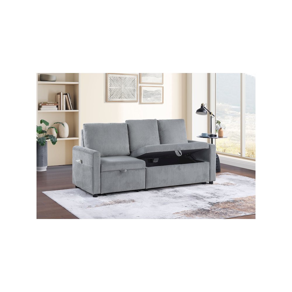 70"W Gray Corduroy Sofa with Pull-Out Chaise, Underseat Storage, Side Pocket. Picture 3