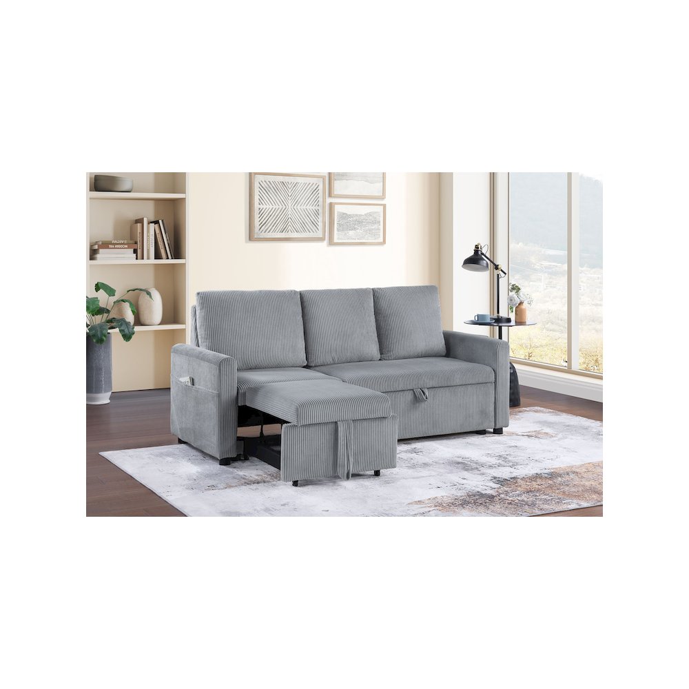 70"W Gray Corduroy Sofa with Pull-Out Chaise, Underseat Storage, Side Pocket. Picture 5