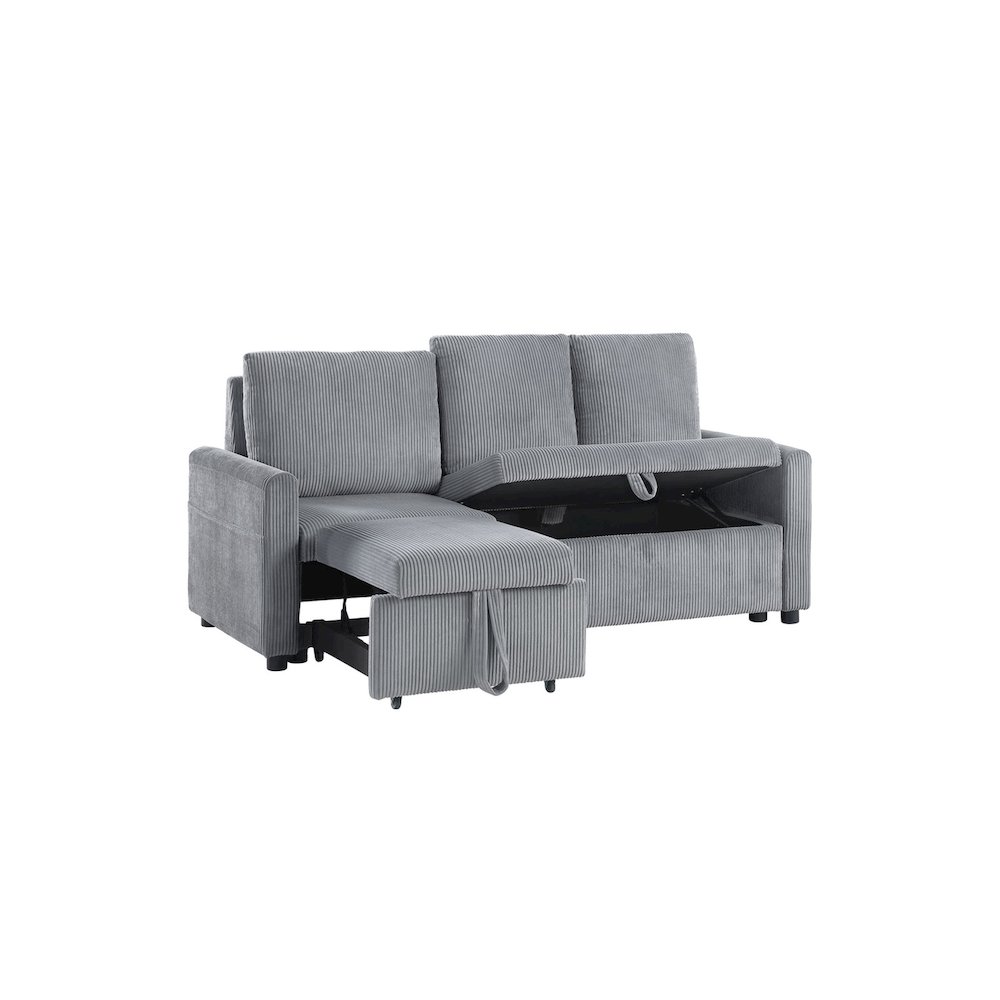 70"W Gray Corduroy Sofa with Pull-Out Chaise, Underseat Storage, Side Pocket. Picture 1