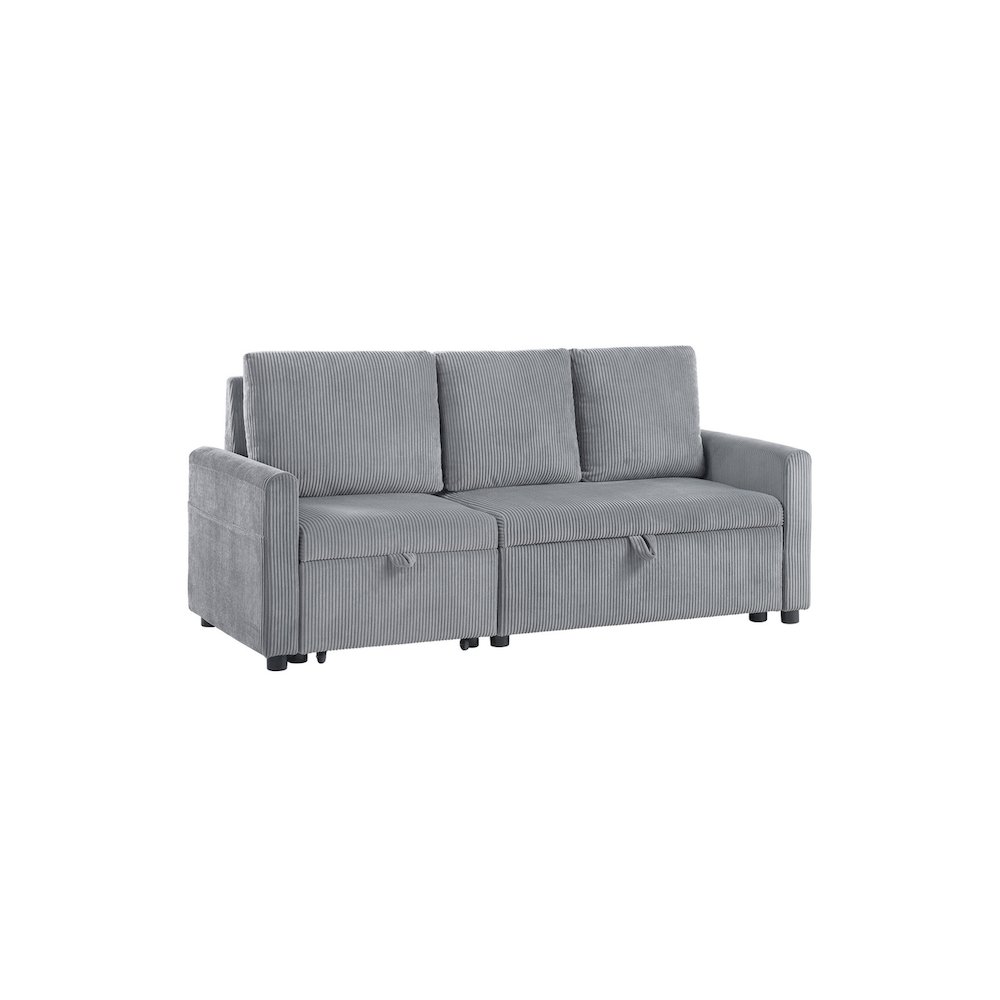 70"W Gray Corduroy Sofa with Pull-Out Chaise, Underseat Storage, Side Pocket. Picture 8