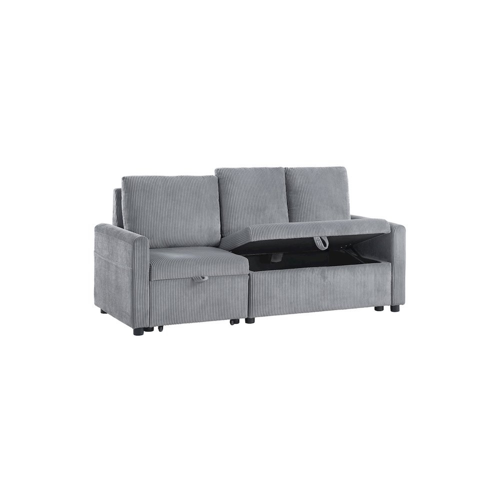 70"W Gray Corduroy Sofa with Pull-Out Chaise, Underseat Storage, Side Pocket. Picture 9