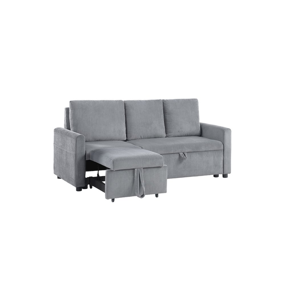 70"W Gray Corduroy Sofa with Pull-Out Chaise, Underseat Storage, Side Pocket. Picture 10