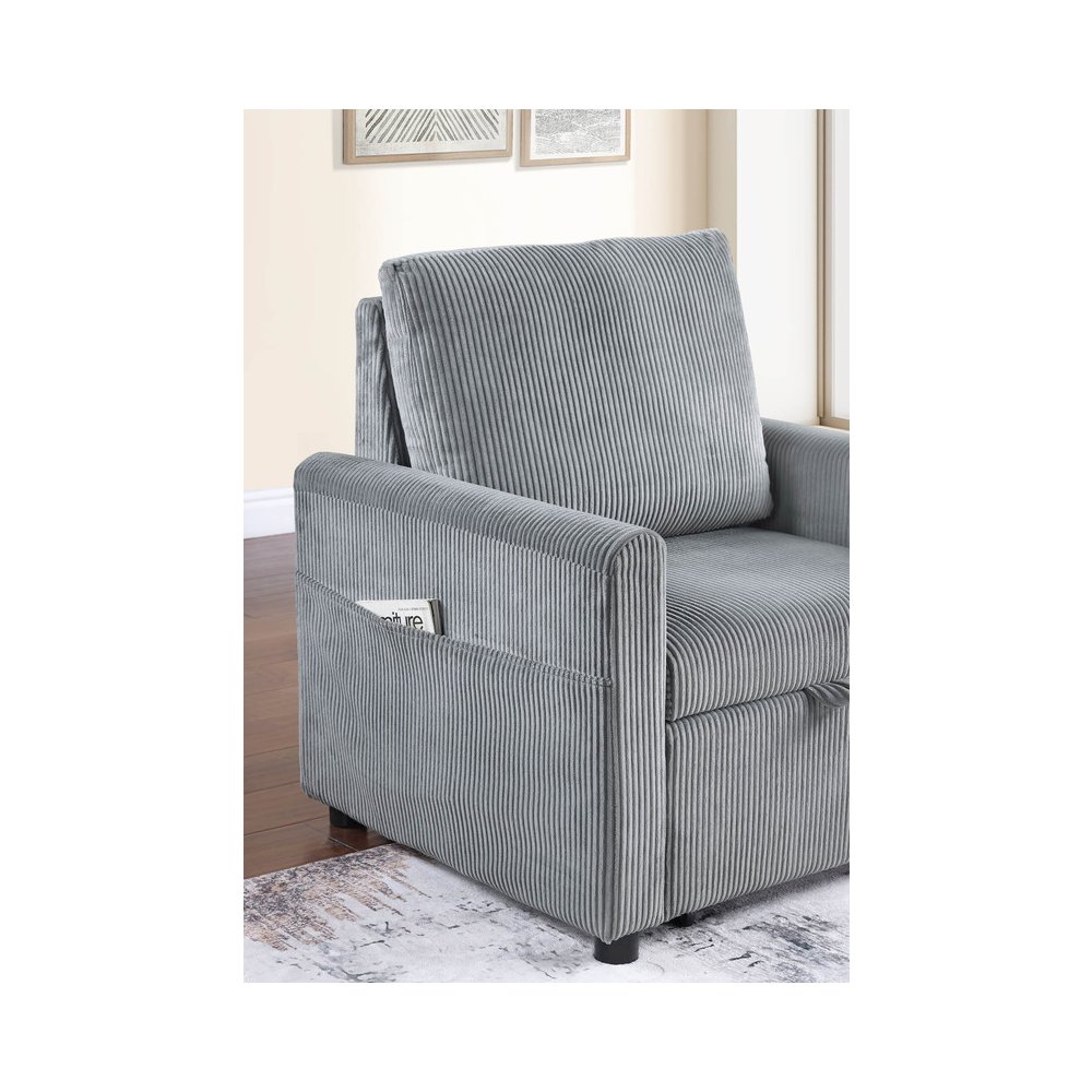 Oswin 33"W Gray Corduroy Armchair with Pull-Out Chaise and Side Pocket. Picture 5