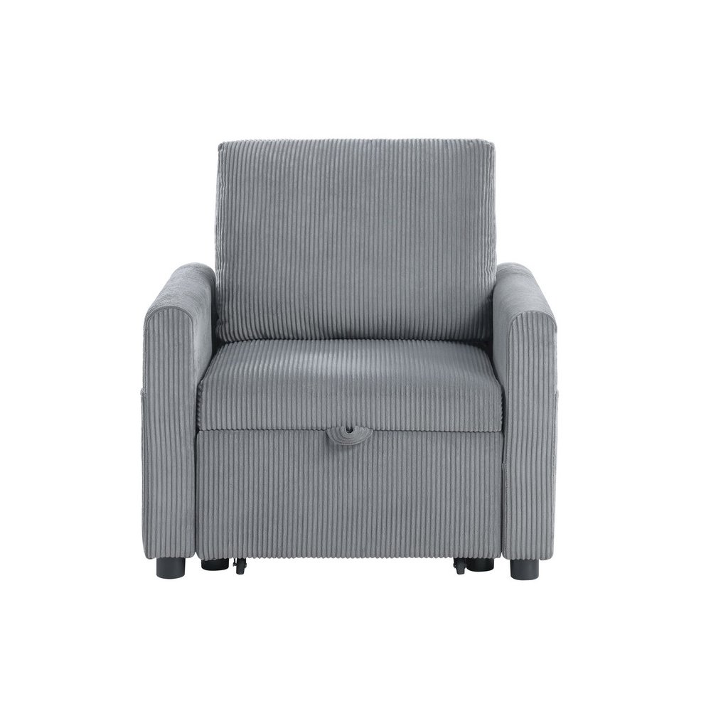 Oswin 33"W Gray Corduroy Armchair with Pull-Out Chaise and Side Pocket. Picture 3