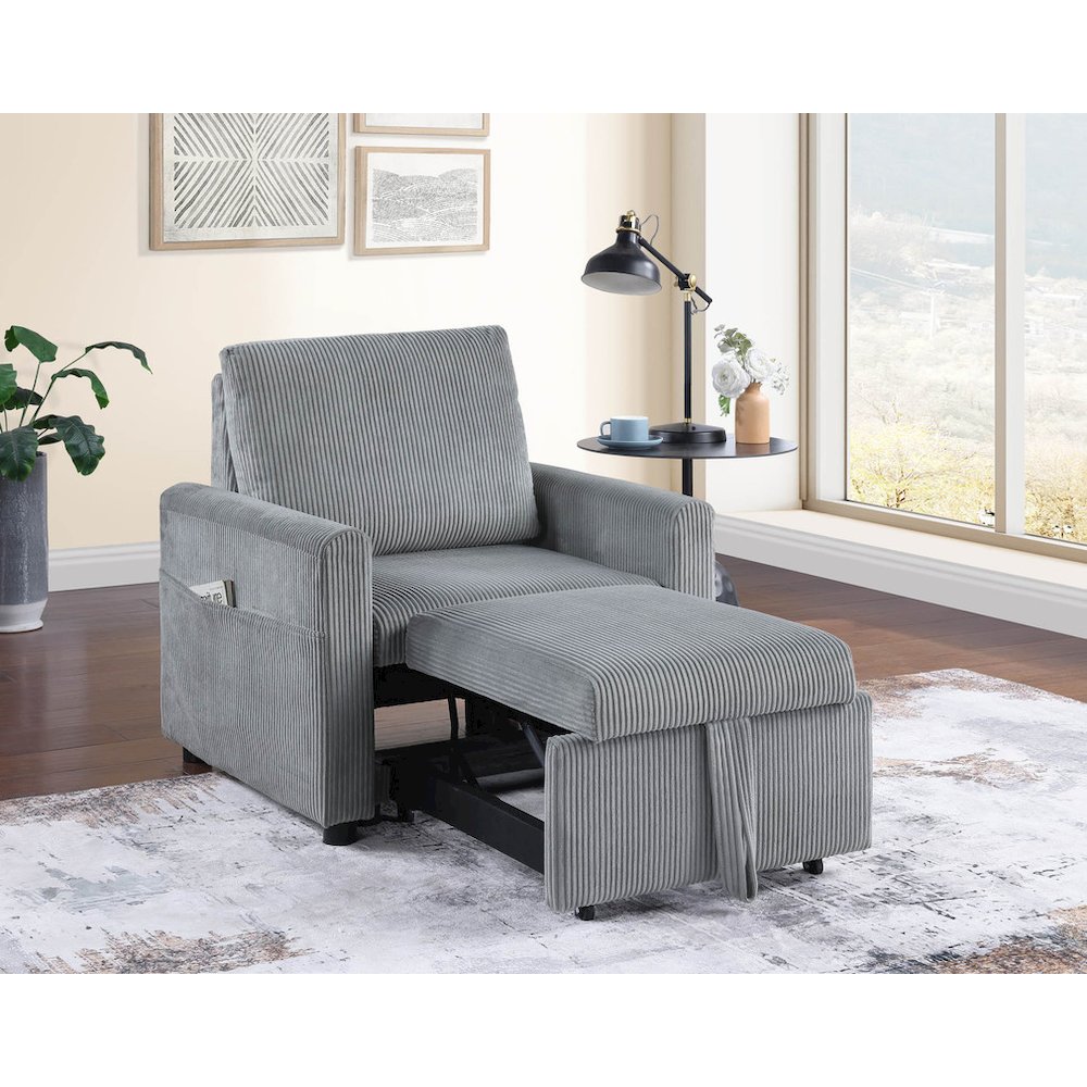 Oswin 33"W Gray Corduroy Armchair with Pull-Out Chaise and Side Pocket. Picture 4