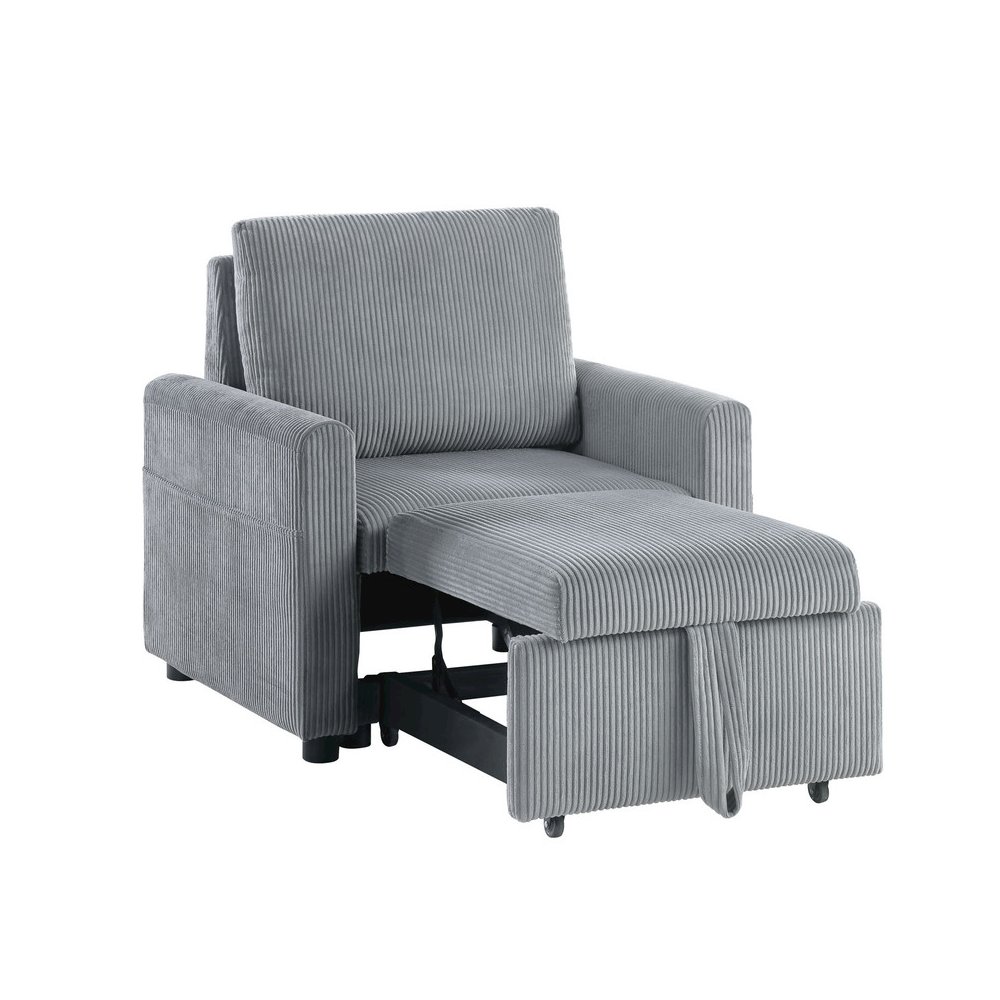 Oswin 33"W Gray Corduroy Armchair with Pull-Out Chaise and Side Pocket. Picture 1