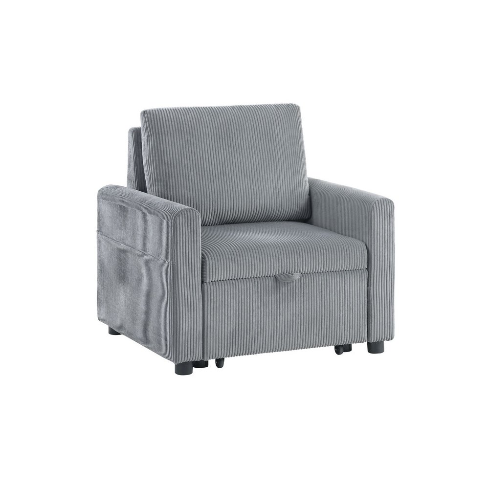 Oswin 33"W Gray Corduroy Armchair with Pull-Out Chaise and Side Pocket. Picture 2