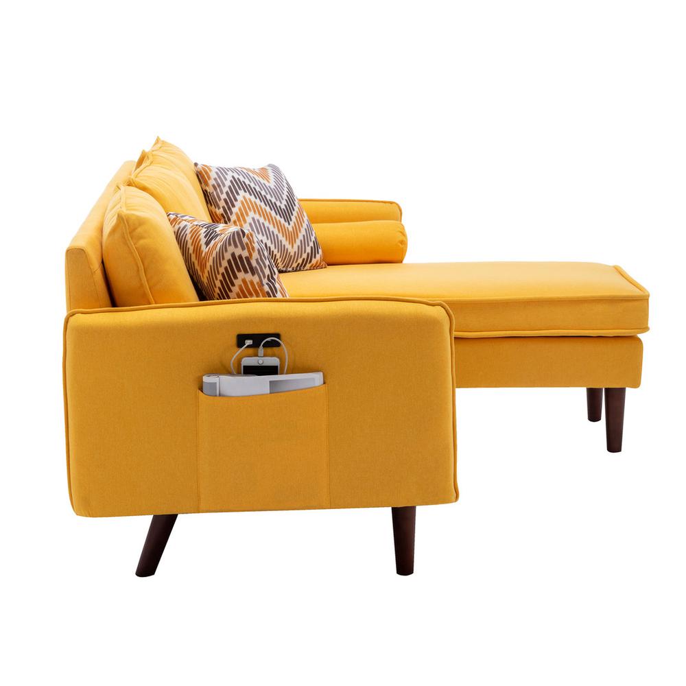 Mia Yellow Sectional Sofa Chaise with USB Charger & Pillows. Picture 2