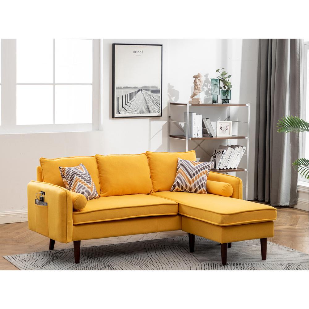 Mia Yellow Sectional Sofa Chaise with USB Charger & Pillows. Picture 4