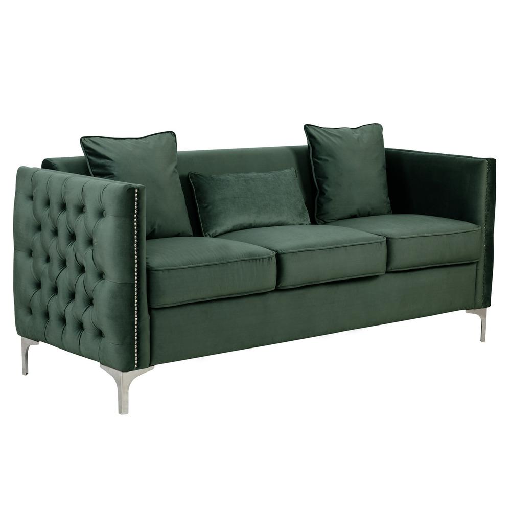 Bayberry Green Velvet Sofa with 3 Pillows. Picture 4