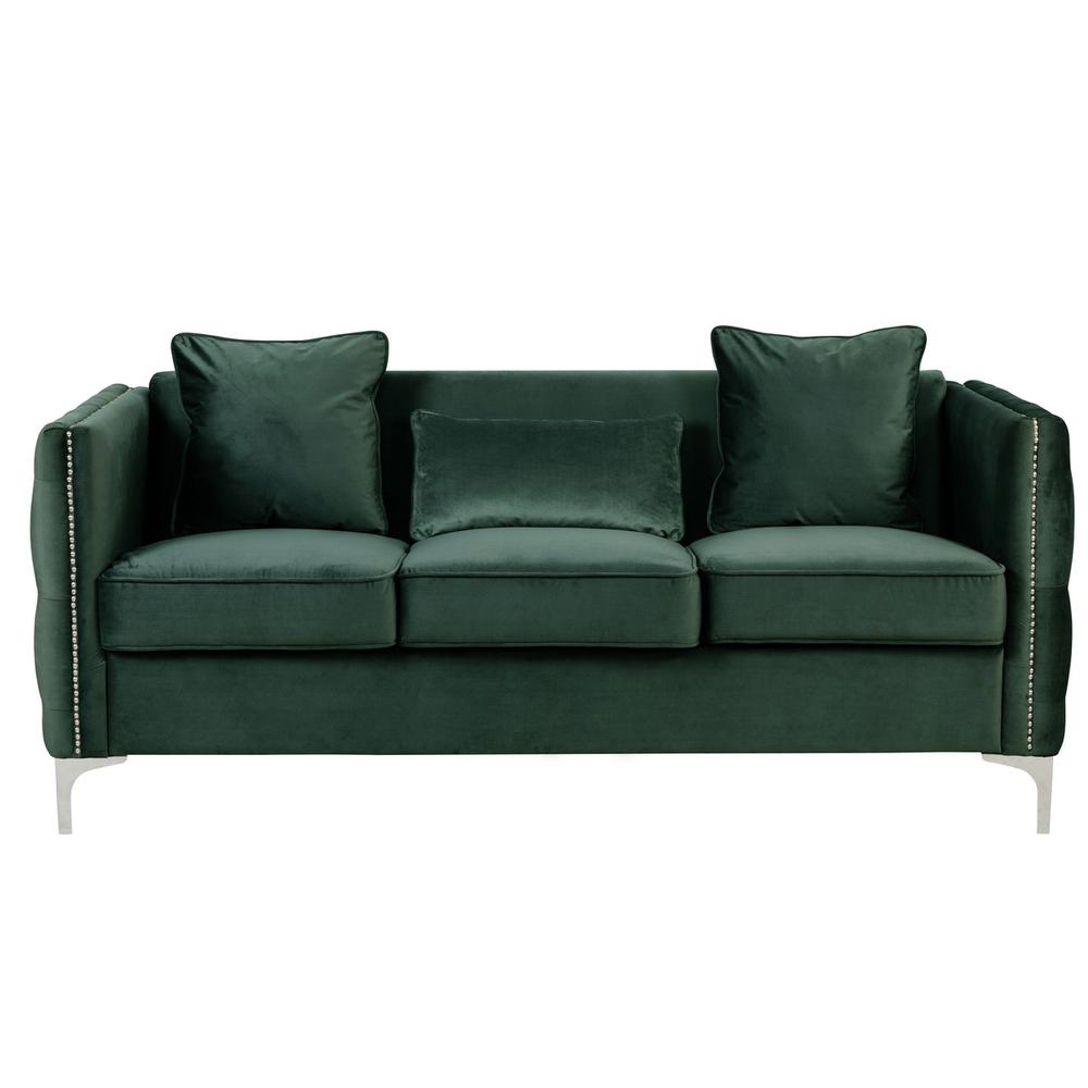 Bayberry Green Velvet Sofa with 3 Pillows. Picture 1