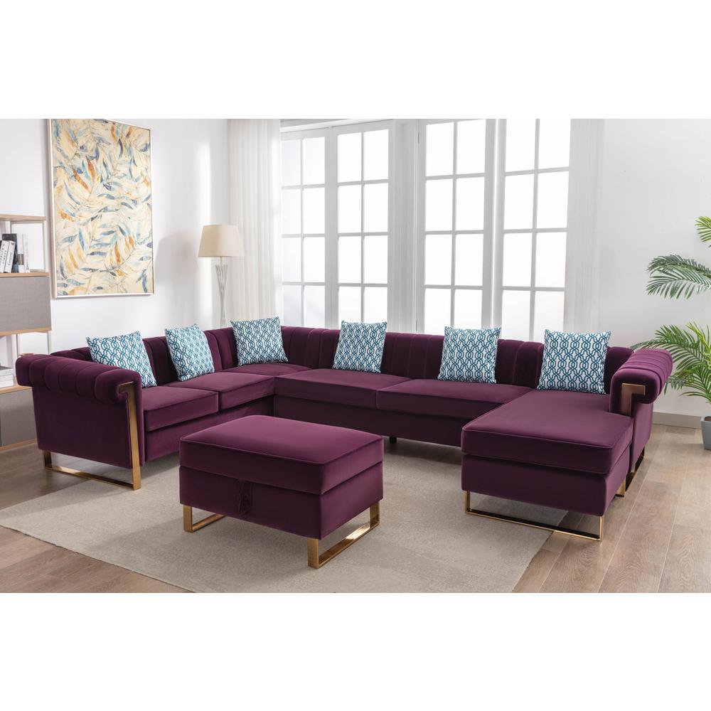 Maddie Purple Velvet 7-Seater Sectional Sofa with Reversible Chaise and Storage Ottoman. Picture 3