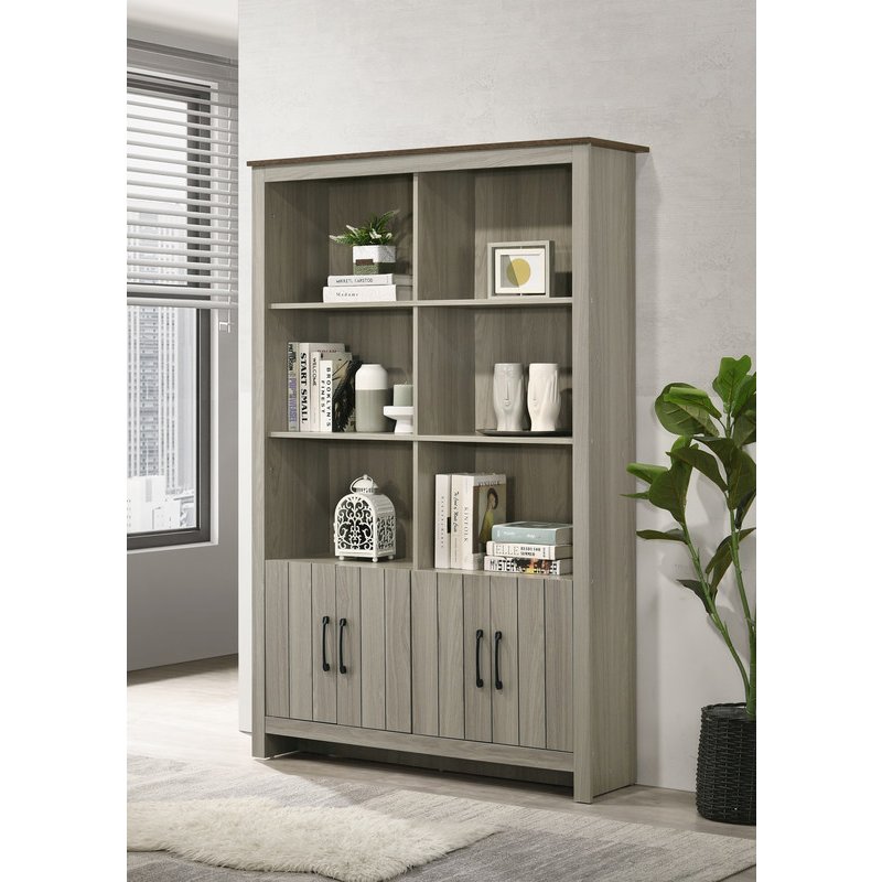 Nyla 47"W Gray Oak Bookcase Shelf with Cabinet Doors. Picture 4