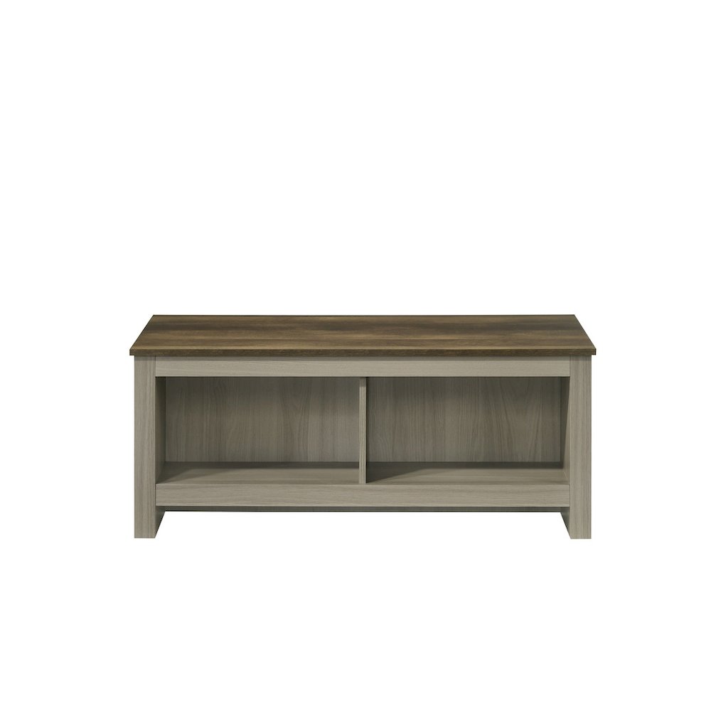 Nyla 43"W Gray Oak Coffee Table with Open Shelves Front and Back. Picture 2