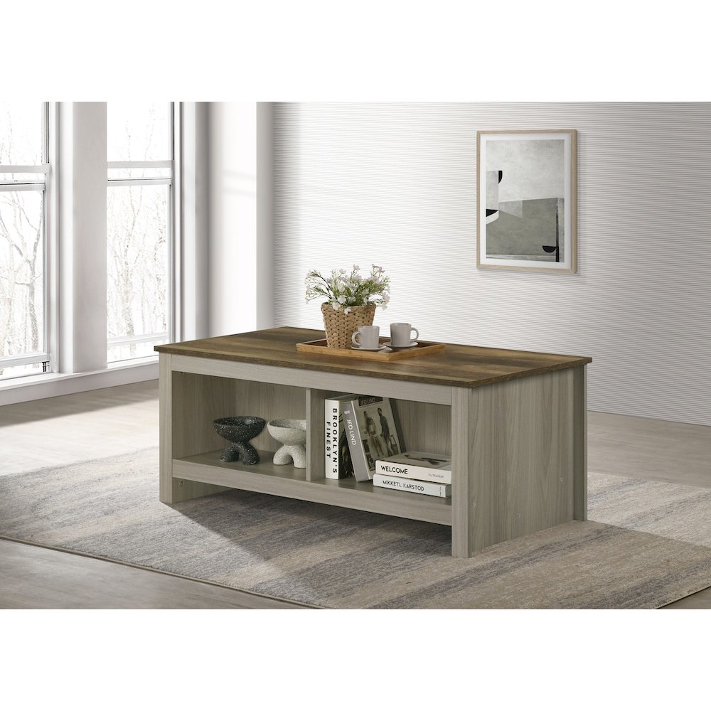 Nyla 43"W Gray Oak Coffee Table with Open Shelves Front and Back. Picture 4