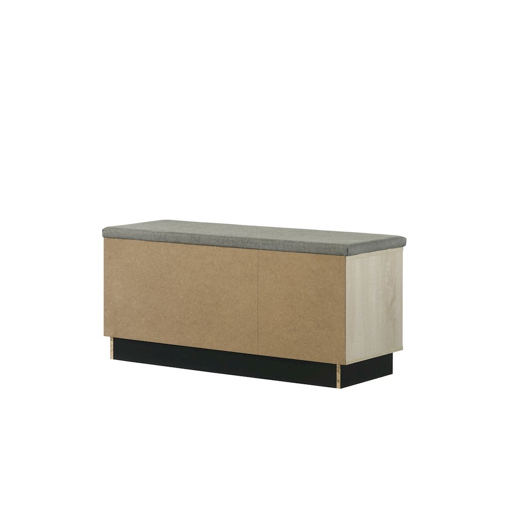 Brett 38.5"W Oak Finish Shoe Cabinet with Sliding Doors, Upholstered Top. Picture 5