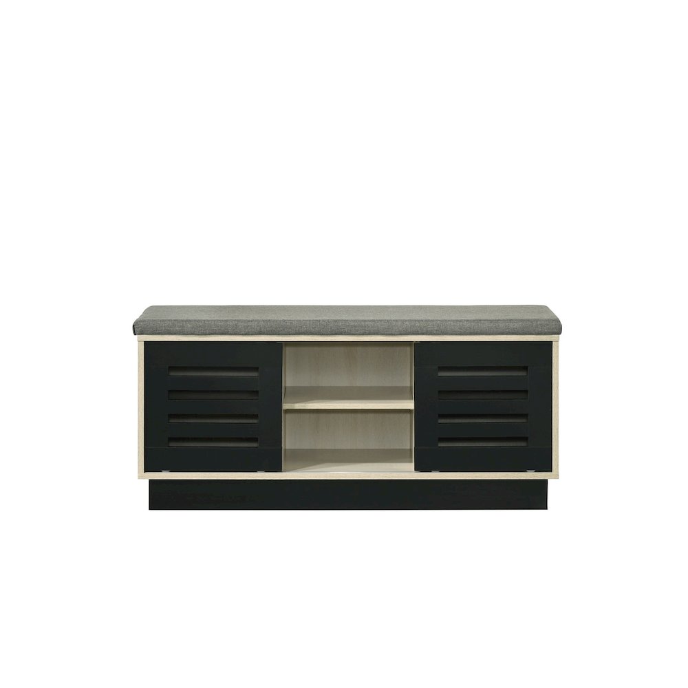 Brett 38.5"W Oak Finish Shoe Cabinet with Sliding Doors, Upholstered Top. Picture 2
