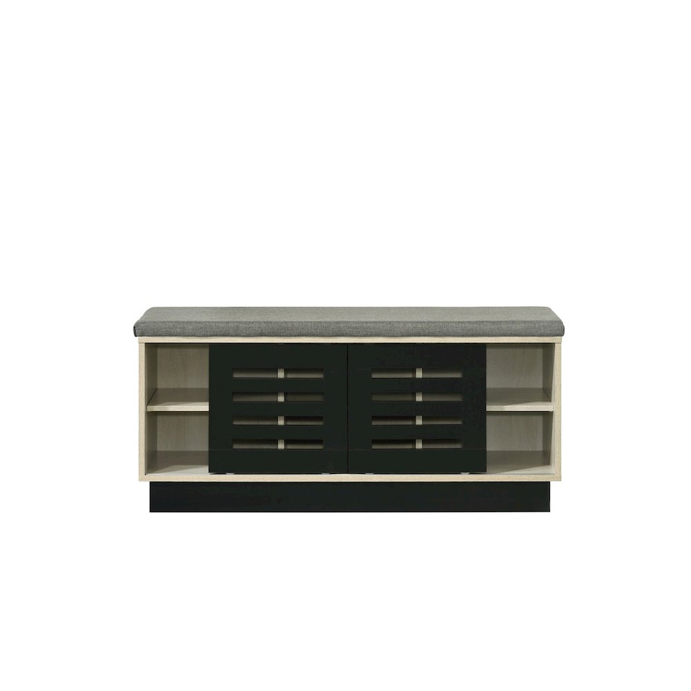 Brett 38.5"W Oak Finish Shoe Cabinet with Sliding Doors, Upholstered Top. Picture 3