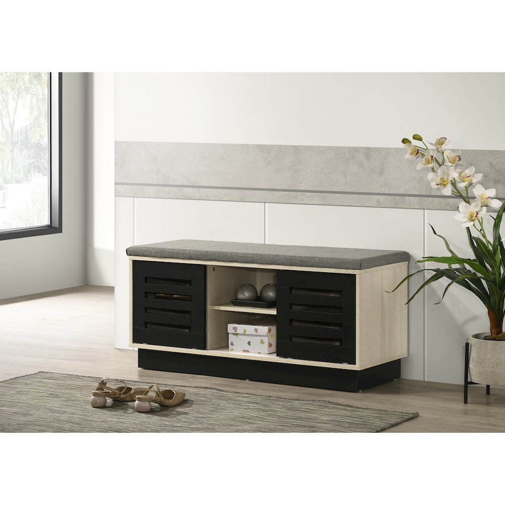 Brett 38.5"W Oak Finish Shoe Cabinet with Sliding Doors, Upholstered Top. Picture 4