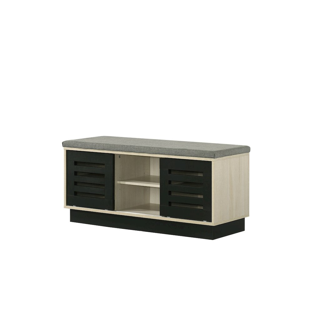 Brett 38.5"W Oak Finish Shoe Cabinet with Sliding Doors, Upholstered Top. Picture 1