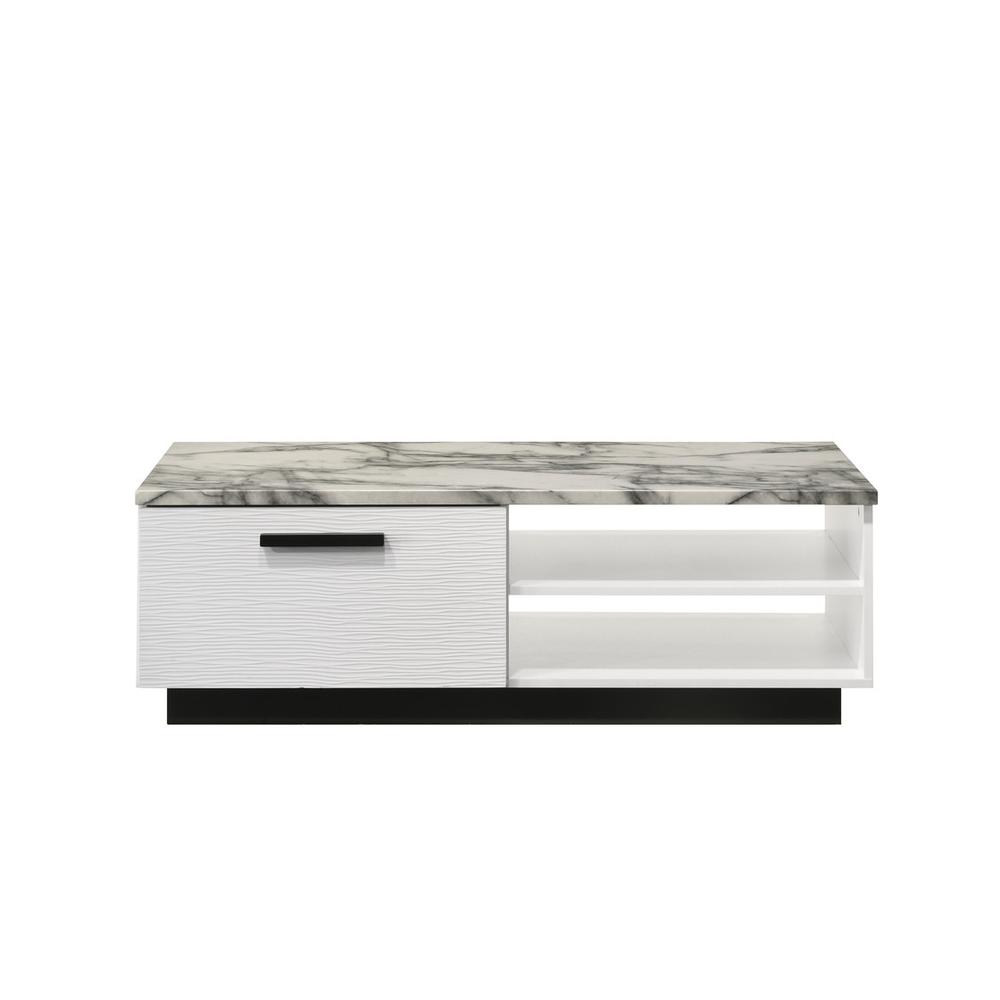 Matilda 47"W White Coffee Table with White Faux Marble Top. Picture 1