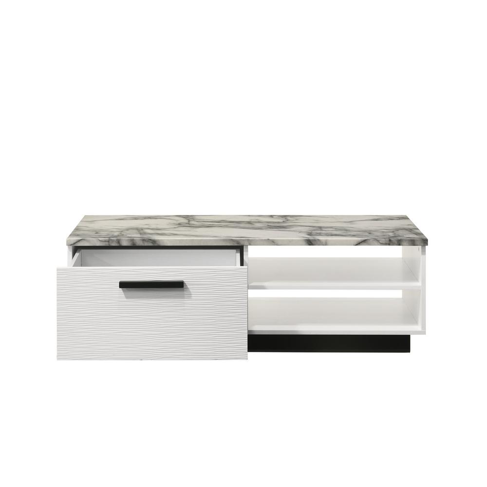 Matilda 47"W White Coffee Table with White Faux Marble Top. Picture 2
