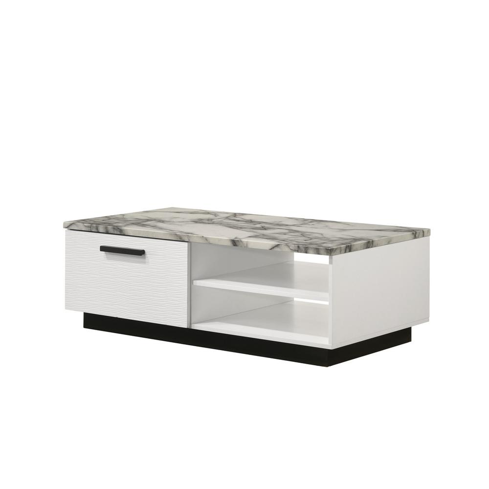 Matilda 47"W White Coffee Table with White Faux Marble Top. Picture 4