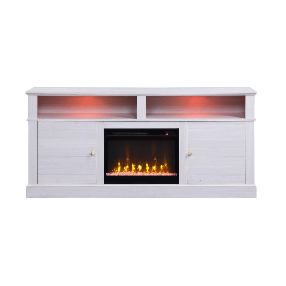 Lucifer 70"W White Walnut Finish TV Stand Console with Fireplace. Picture 3