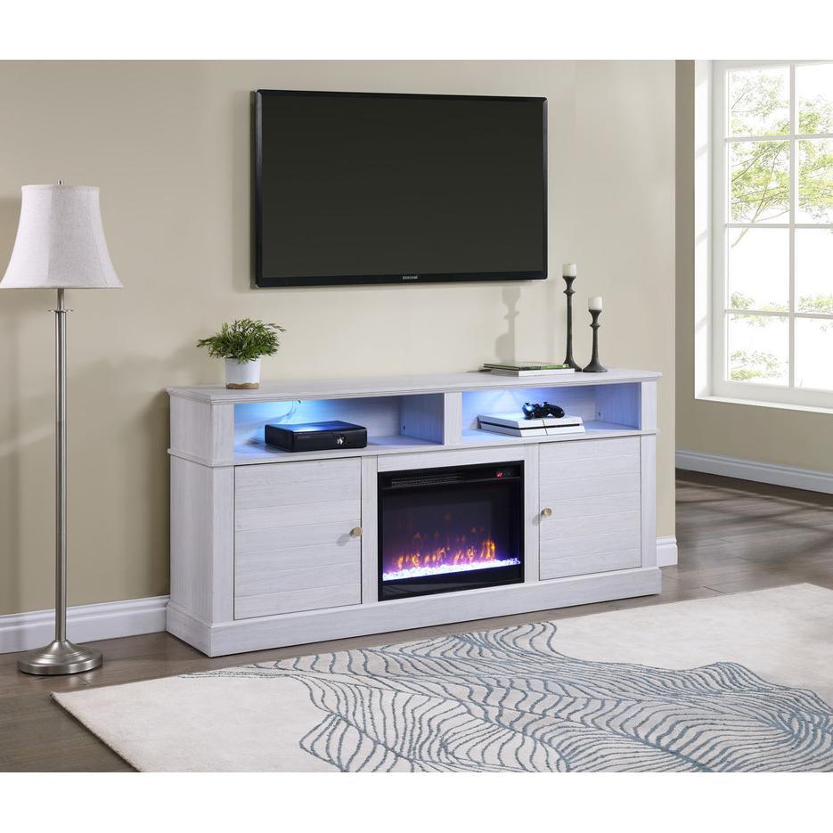 Lucifer 70"W White Walnut Finish TV Stand Console with Fireplace. Picture 4