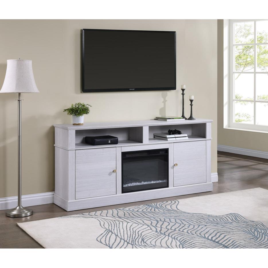Lucifer 70"W White Walnut Finish TV Stand Console with Fireplace. Picture 2