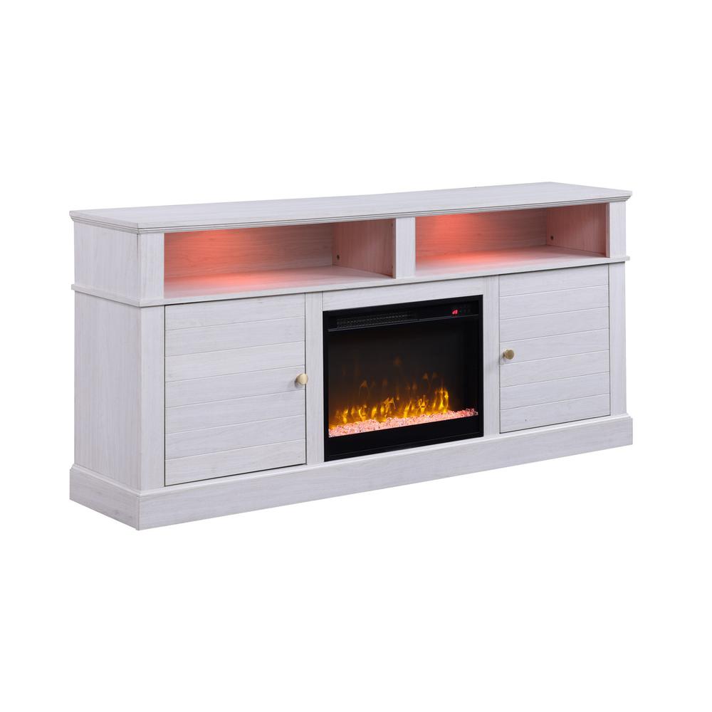 Lucifer 70"W White Walnut Finish TV Stand Console with Fireplace. Picture 1