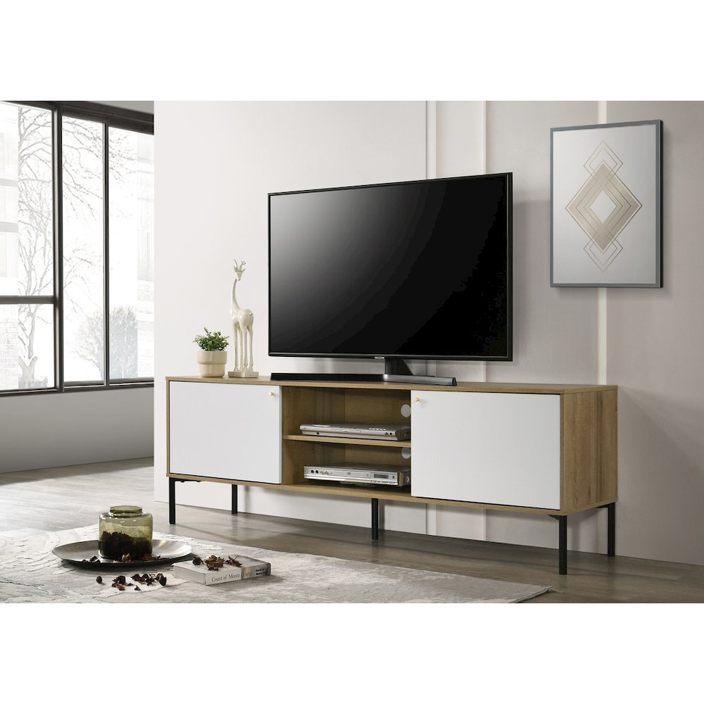 Burke 70"W White and Oak 2-Door TV Stand. Picture 4