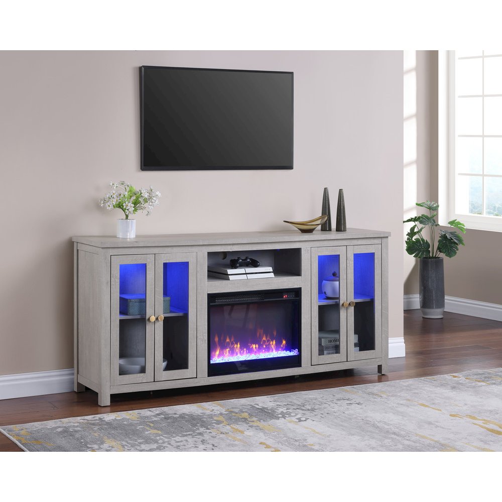 70"W White Walnut Finish Fireplace TV Stand Console with LED Light, Cabinets. Picture 4