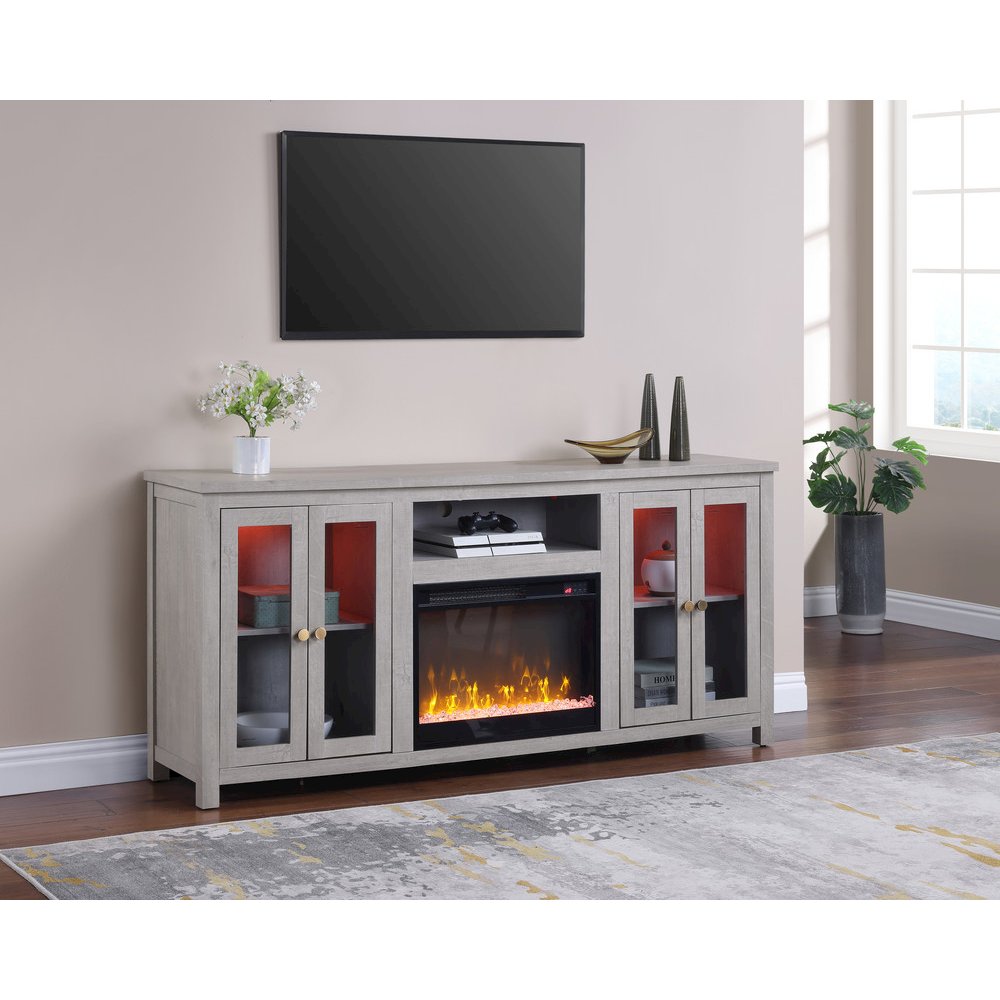 70"W White Walnut Finish Fireplace TV Stand Console with LED Light, Cabinets. Picture 2