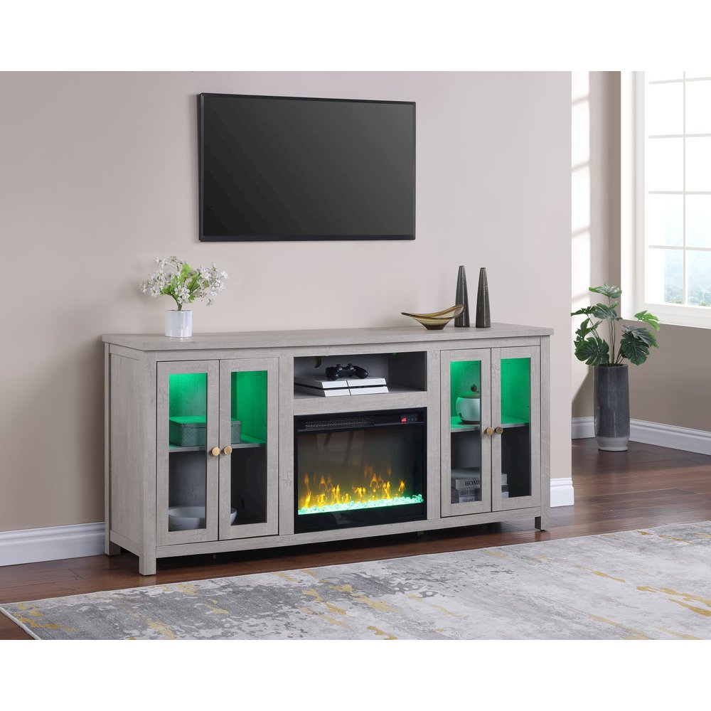 70"W White Walnut Finish Fireplace TV Stand Console with LED Light, Cabinets. Picture 3